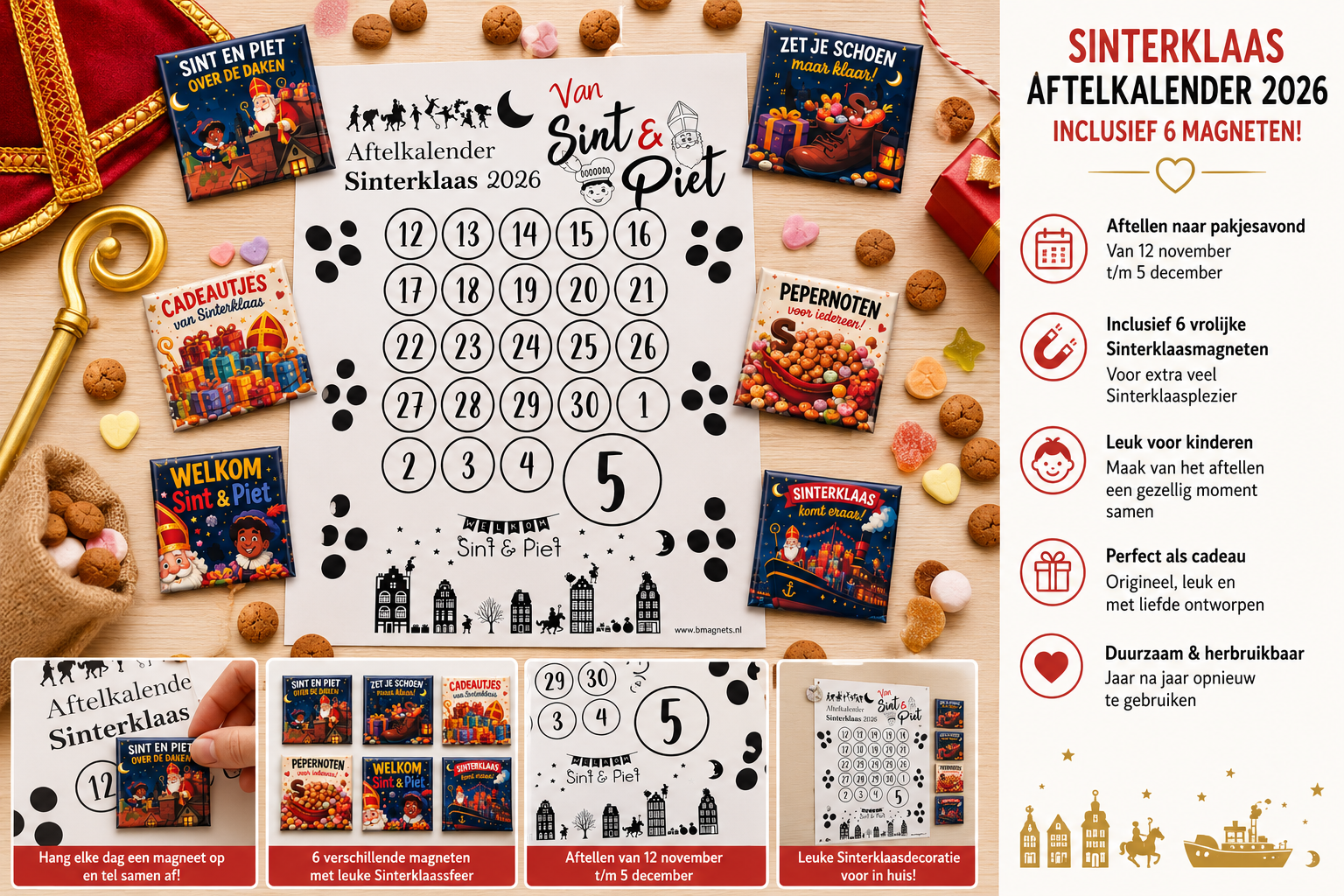 Sinterklaas Aftelkalender 2026 met 6 Magneten – Van Sint & Piet