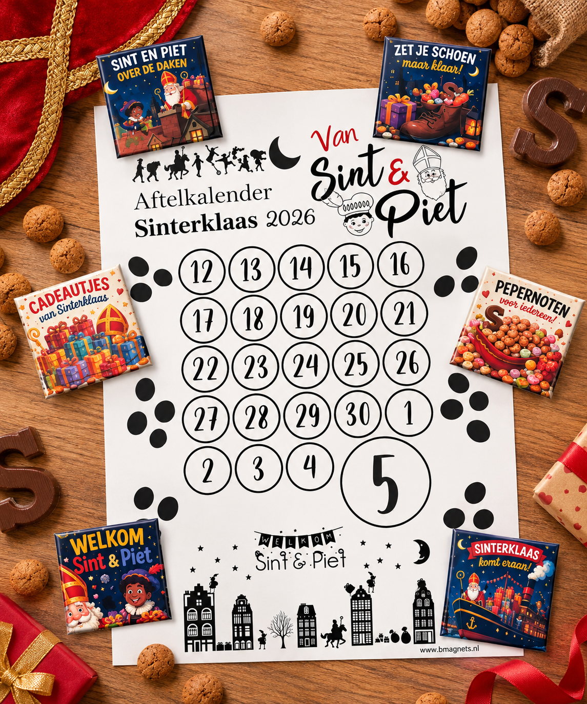 Sinterklaas Aftelkalender 2026 met 6 Magneten – Van Sint & Piet - Afbeelding 2