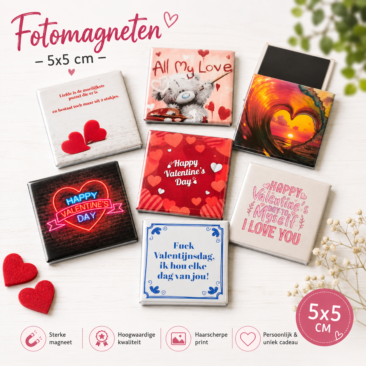 Valentijnsdag fotomagneten 5x5 cm met romantische prints en liefdevolle teksten, gepresenteerd als decoratieve koelkastmagneten voor cadeau, relatiegeschenk of persoonlijke herinnering.