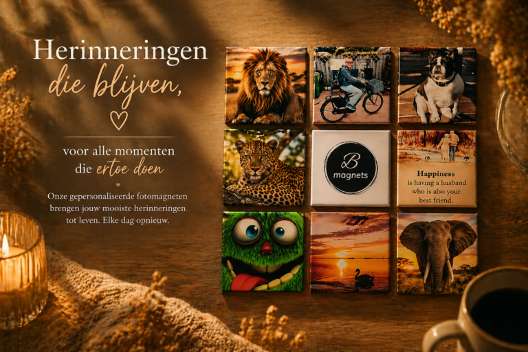 Warme lifestylefoto van gepersonaliseerde fotomagneten in een 3x3 grid op houten tafel met sfeerverlichting en tekst over herinneringen. Fotomagneten bestellen.