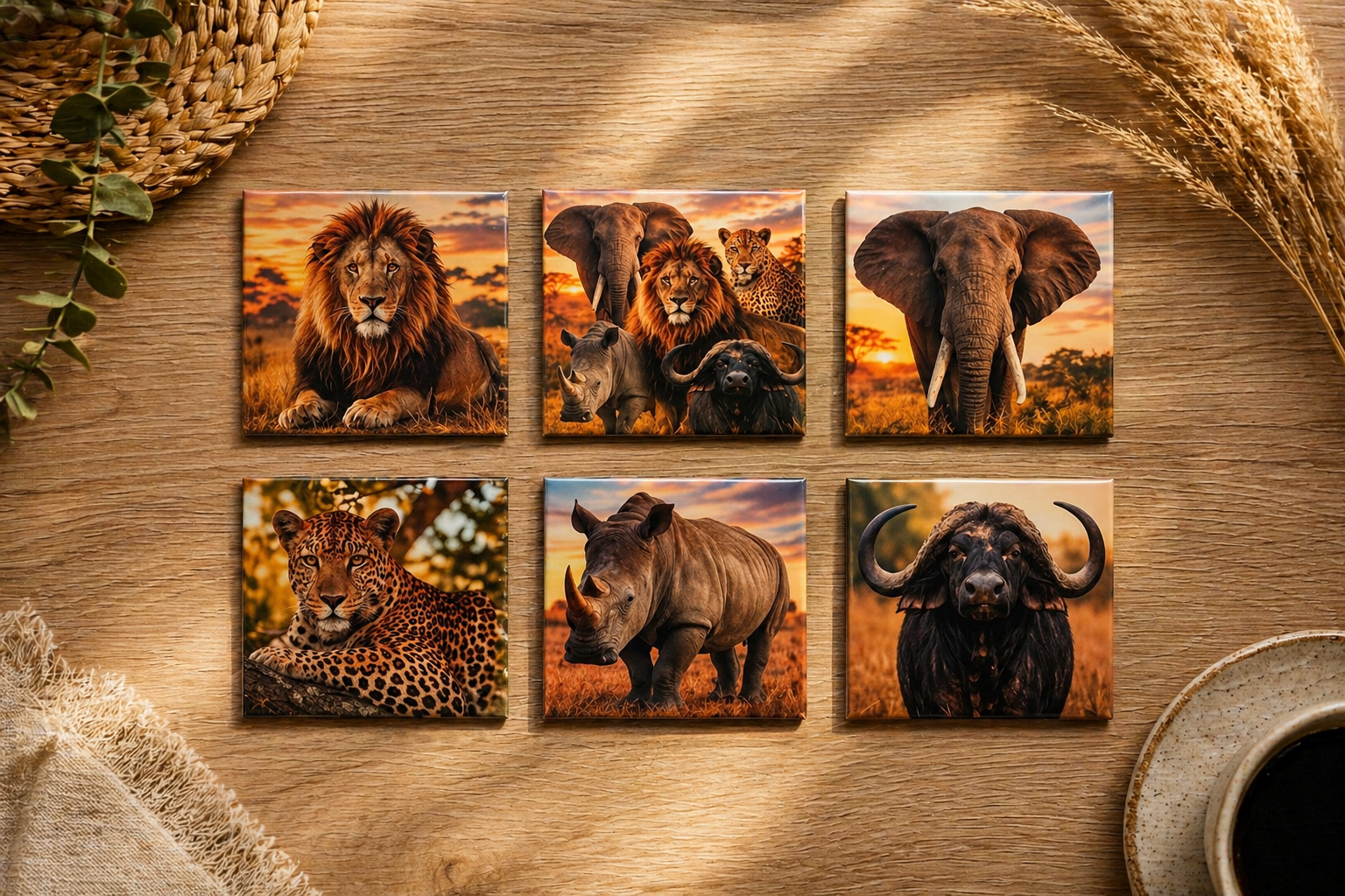 Big Five fotomagneten set bij zonsondergang afrika set van 6 stuks fotomagneten bestellen