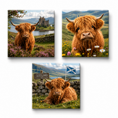 Afbeelding 1 (koe met kasteel): Highland koe fotomagneet met Schots landschap en kasteel op de achtergrond Afbeelding 2 (close-up met bloemen): Close-up van Schotse Highland koe tussen bloemen op fotomagneet Afbeelding 3 (liggend met Scotland bord): Highland koe liggend bij stenen muur met Scotland bord en vlag op fotomagneet Set afbeelding (alle 3 samen): Set van 3 Highland koe fotomagneten met Schotse landschappen en dieren