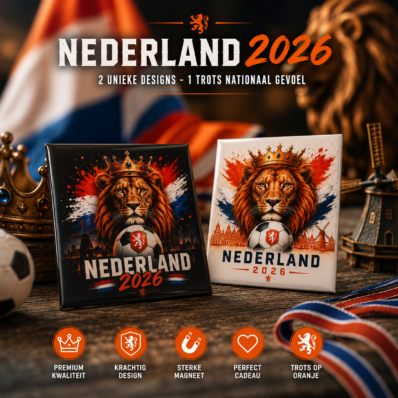 Nederland 2026 magneetset met twee exclusieve Oranje leeuw designs voor voetbalfans en supporters.