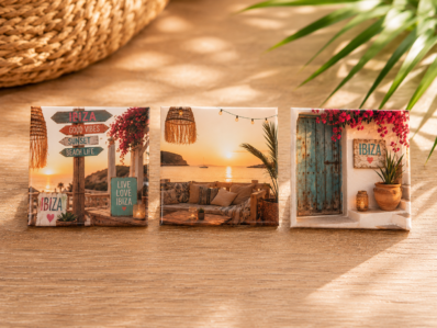 Ibiza Fotomagneten Set van 3 – Boho Strand & Sunset Magneetjes 5x5 cm