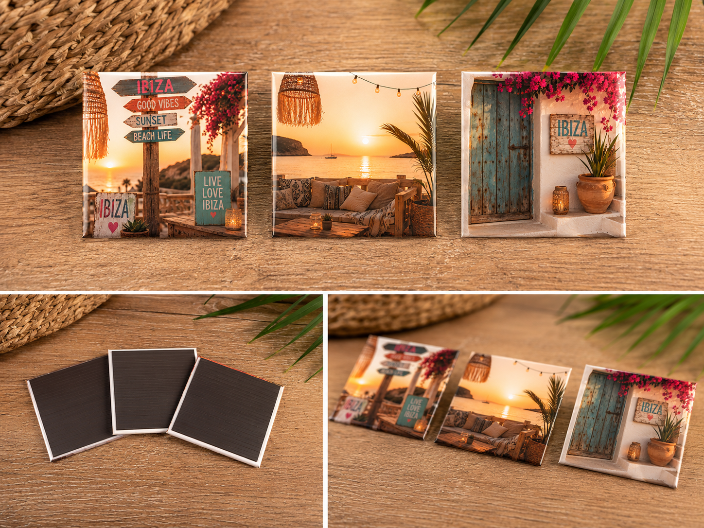 Set van 3 Ibiza fotomagneten in boho stijl met strand, zonsondergang en Mediterrane deur, vierkante koelkastmagneten 5x5 cm.