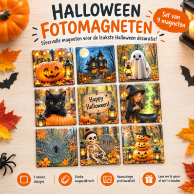 Halloween fotomagneten set van 9 met verschillende Halloween designs