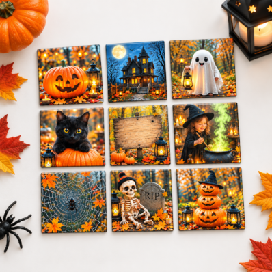 Set van 9 Halloween fotomagneten van 5x5 cm met pompoenen, spook, kat en Halloweenfiguren
