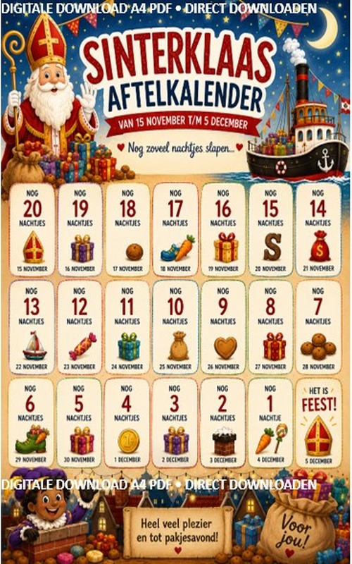 Digitale Sinterklaas Aftelkalender Printable – 15 november t/m 5 december